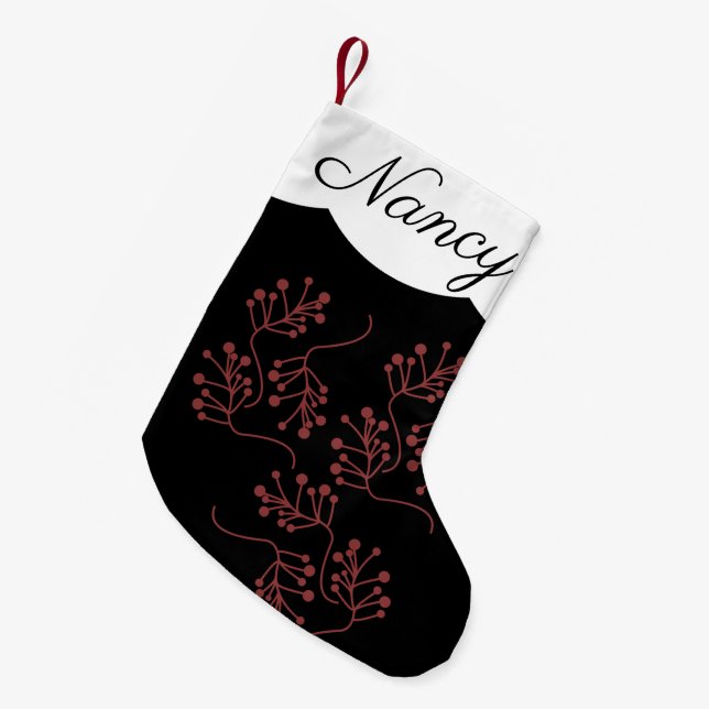 Modern Christmas Black Red Berry Sprigs Small Christmas Stocking (Front (Hanging))