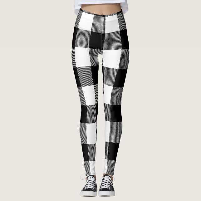 Modern Christmas Black & White Buffalo Plaid Leggings (Front)