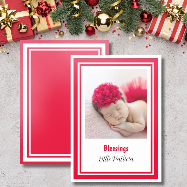 Modern Christmas Blessings Photo Red Frame Letterpress Photo Cards (Creator Uploaded)