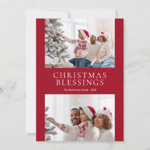 Modern Christmas Blessings Red Photo Holiday Card