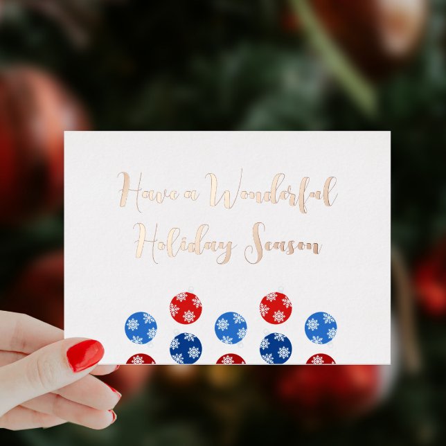 Modern Christmas blue and red ornaments Foil Holiday Card (Blue and red Christmas ornaments custom card personalized with your photo and text)