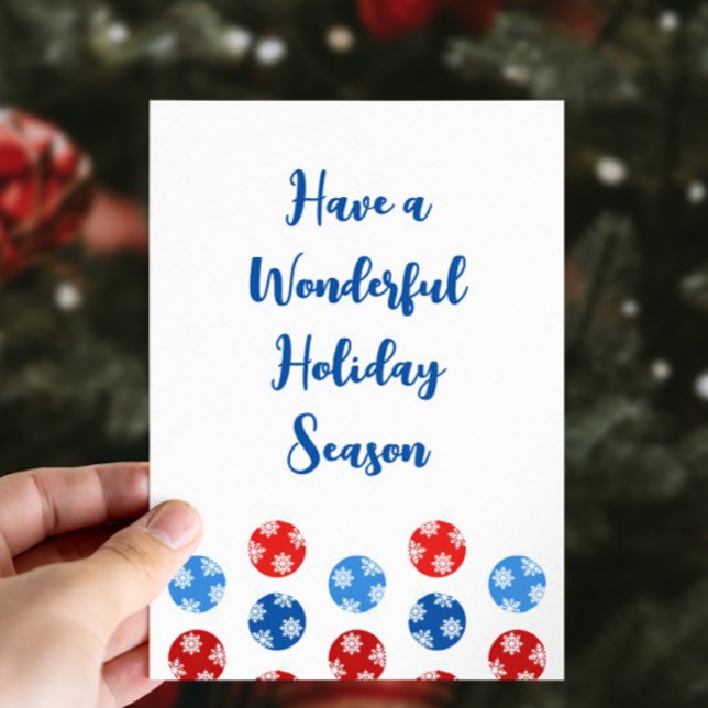 Modern Christmas blue and red ornaments Holiday Card (Blue and red Christmas ornaments custom card personalized with your photo and text)