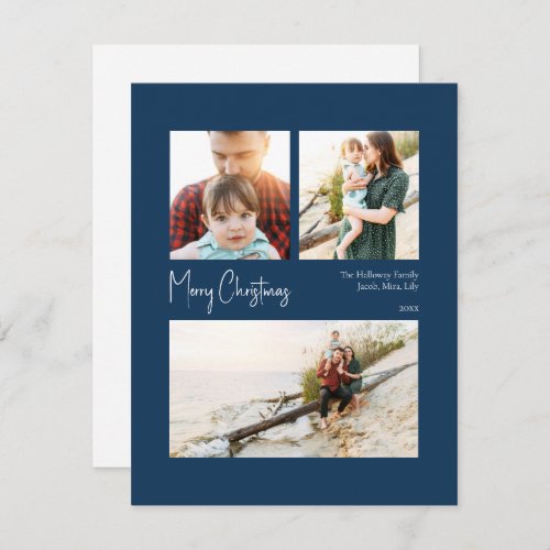 Modern Christmas  Blue Centered Three_Photo Holiday Card