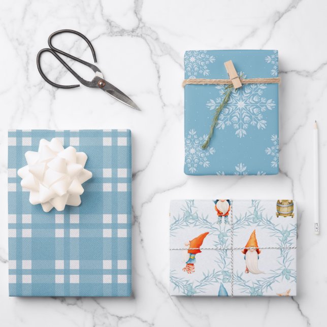 Modern Christmas Blue Plaid, Snowflakes & Gnomes Wrapping Paper Sheets (Front)