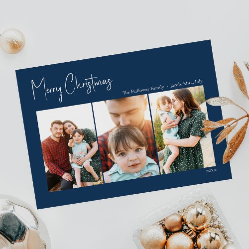 Modern Christmas  Blue Three_Photo Holiday Card