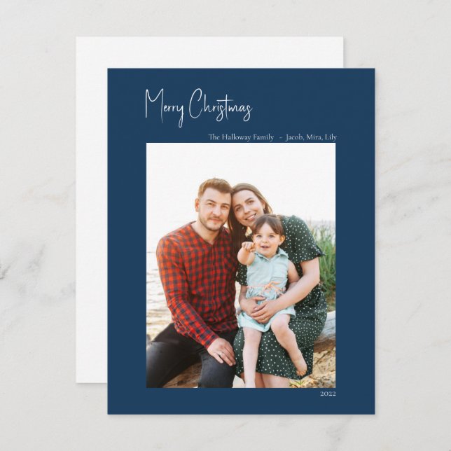 Modern Christmas | Blue Vertical Single Photo Holiday Card (Front/Back)