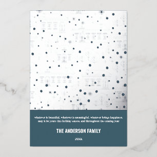 Modern Christmas Blue White House Design Silver Foil Holiday Card