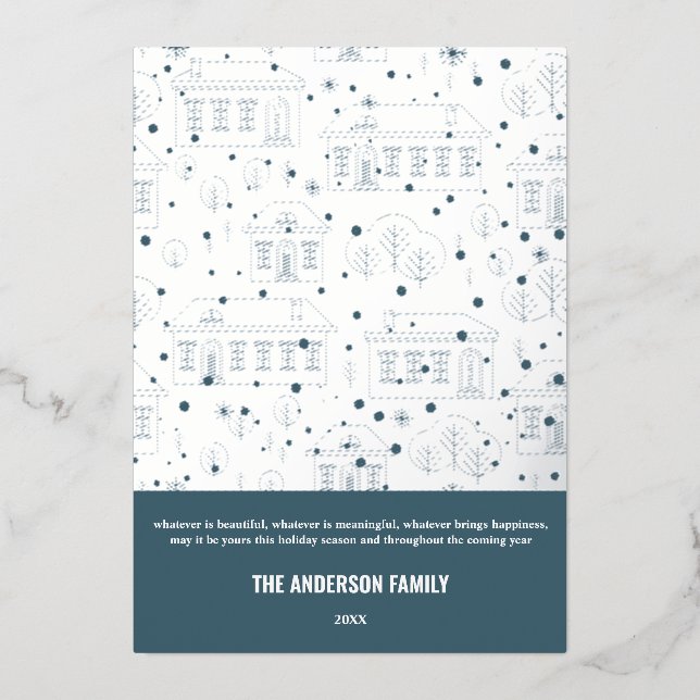 Modern Christmas Blue White House Design Silver Foil Holiday Card (Front)