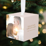 Modern Christmas | Blush Pink and Gold Photo Cube Ornament<br><div class="desc">Simple, stylish, trendy cube 3D holiday ornament with modern minimal typography quote "Seasons Greetings" in gold on a blush pink background. The name and greeting can be easily customized for a personal touch. A bold, minimalist and contemporary christmas card to stand out from the crowd this holiday season! The image...</div>