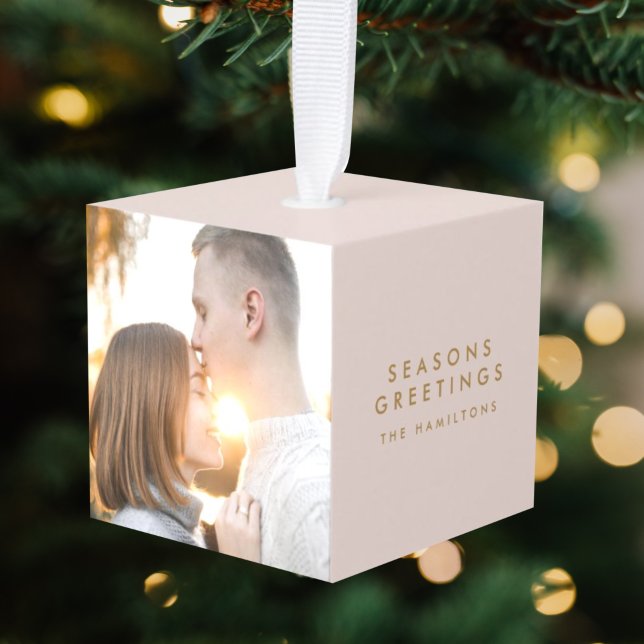 Modern Christmas | Blush Pink and Gold Photo Cube Ornament (Creator Uploaded)