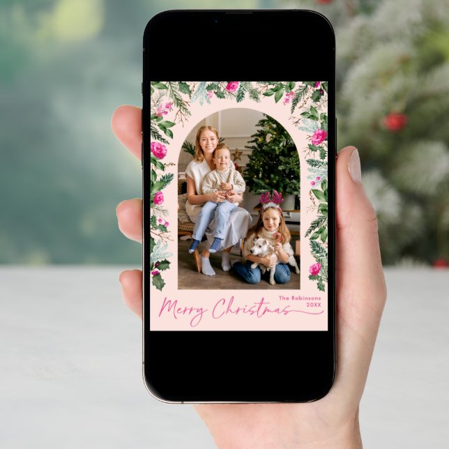 Modern Christmas Blush Pink Greenery Arch 1 Photo Holiday Card (Front Digital)