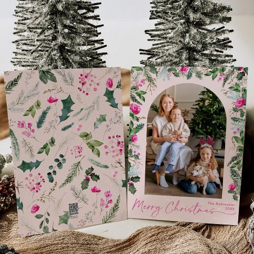 Modern Christmas Blush Pink Greenery Arch 1 Photo Holiday Card
