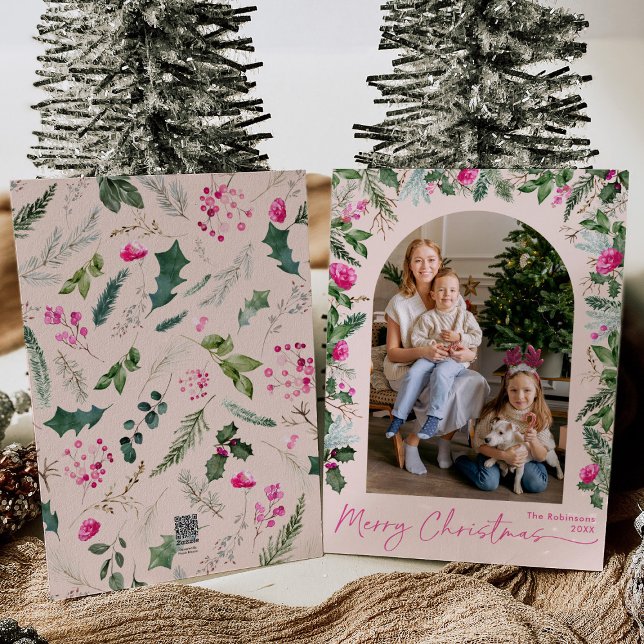 Modern Christmas Blush Pink Greenery Arch 1 Photo Holiday Card (Creator Uploaded)