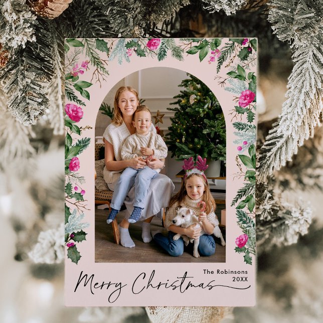 Modern Christmas Blush Pink Greenery Arch 1 Photo Holiday Card (Creator Uploaded)