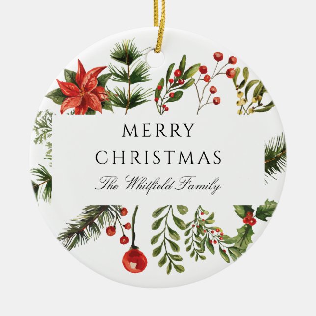 Modern Christmas Botanical Greenery Family Ceramic Ornament (Front)