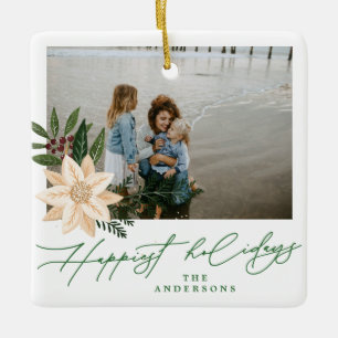modern christmas botanical happy holidays photo ceramic ornament