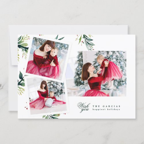 Modern Christmas Botanical Multi photo collage Holiday Card