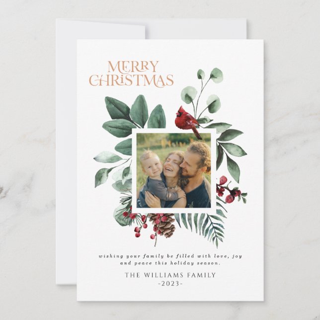 Modern Christmas Botanical Square Foliage 1 Photo Holiday Card (Front)