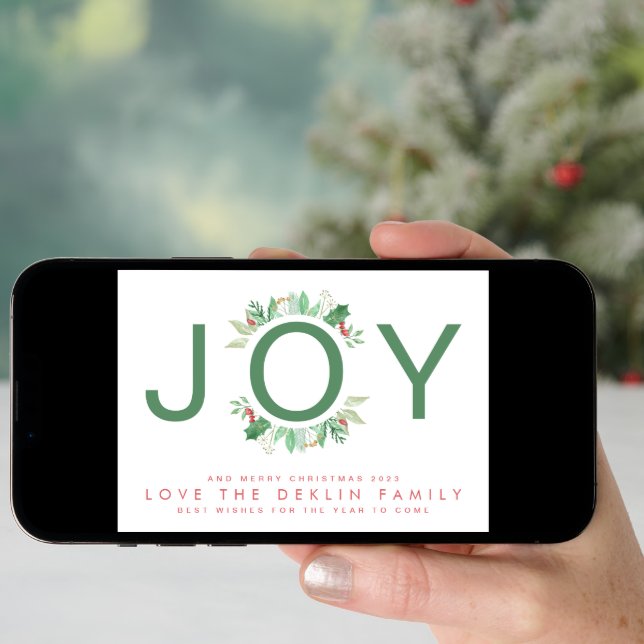 Modern Christmas Botanicals Green JOY Wreath Photo Holiday Card (Front Digital)