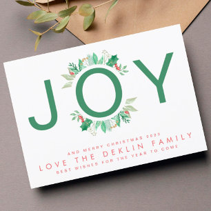 Modern Christmas Botanicals Green JOY Wreath Photo Holiday Card