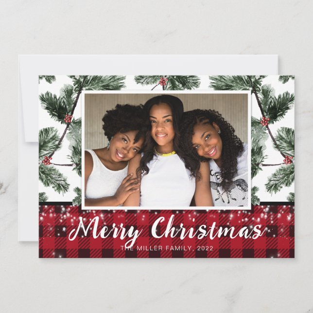 Modern Christmas buffalo plaid holiday photo card (Front)