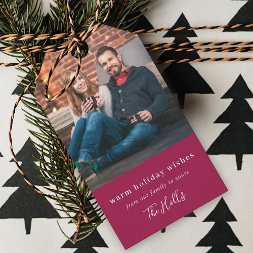 Modern Christmas  Burgundy Maroon Couple Photo Gift Tags