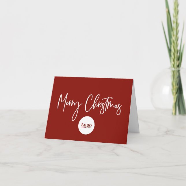 Modern Christmas Business Logo Red White Script Holiday Card (Front)
