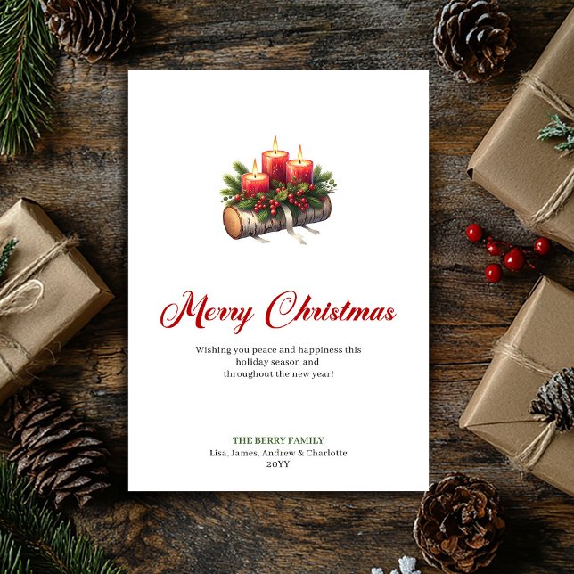 Modern Christmas candles wooden log greeting Holiday Card (Modern Christmas candles wooden log greeting Holiday Card)