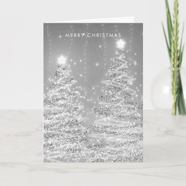 MODERN Christmas Card Glitter Xmas Trees Silver  (Front)