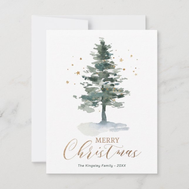 Modern Christmas Card Gold Watercolor Tree (Front)