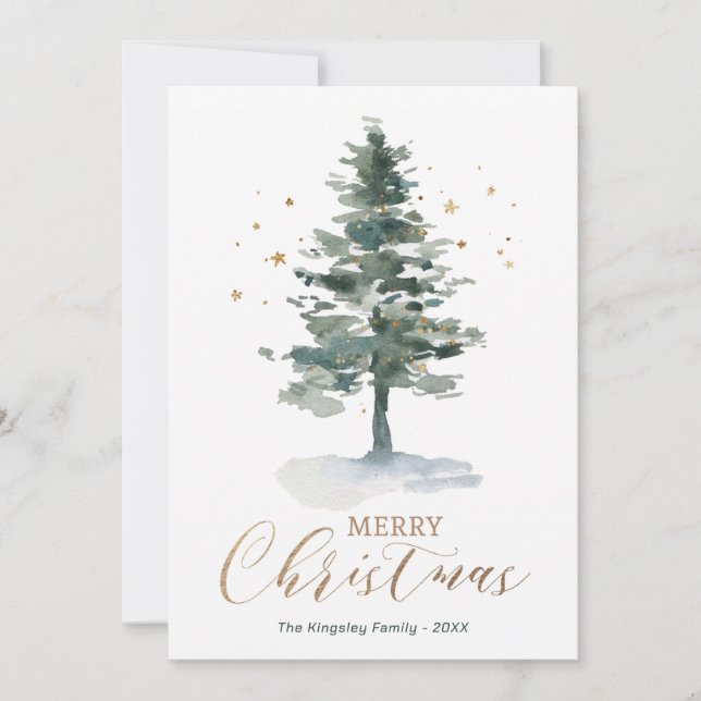Modern Christmas Card Gold Watercolor Tree (Front)