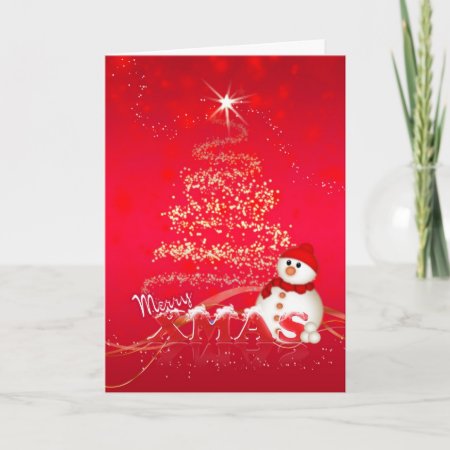 Modern Christmas Card With Snowman And Holiday Tre