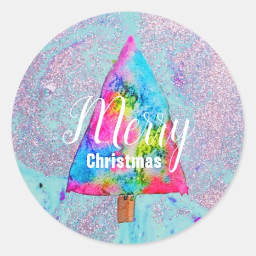 Modern Christmas colorful blue and pink glitter Classic Round Sticker