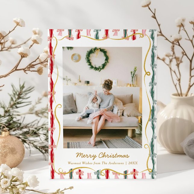 Modern Christmas Coquette Bow Pattern 1 Photo Holiday Card (Creator Uploaded)