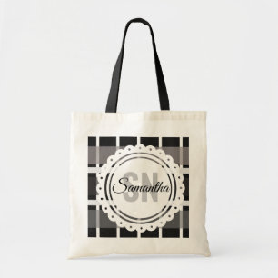 Modern Christmas Cottage Monogram Plaid Library Tote Bag