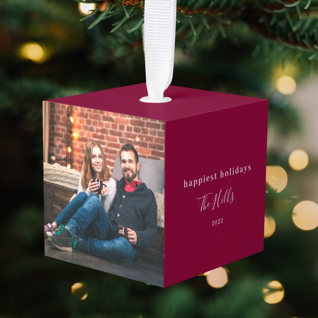 Modern Christmas | Couple Photo Burgundy Maroon Cube Ornament (Creator Uploaded)