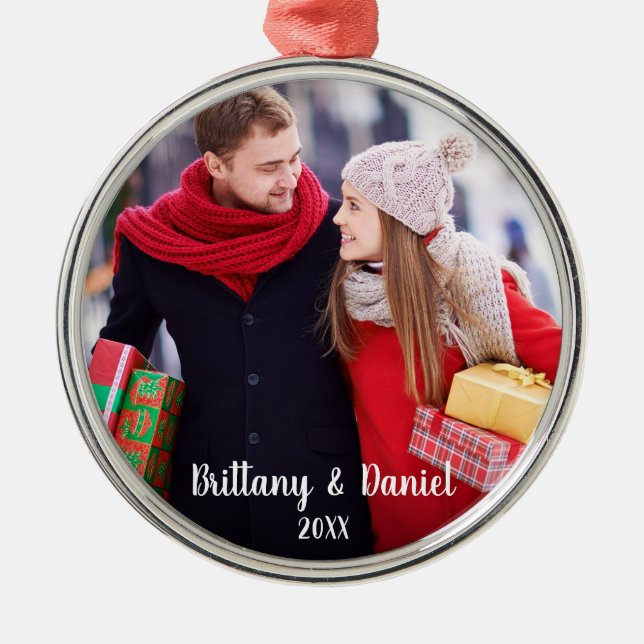 Modern Christmas Couple Photo Ornament R (Front)