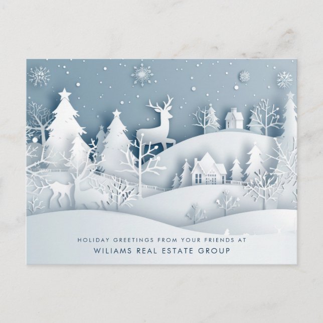Modern Christmas Deer Paper Cut Corporate Greeting Postcard (Front)