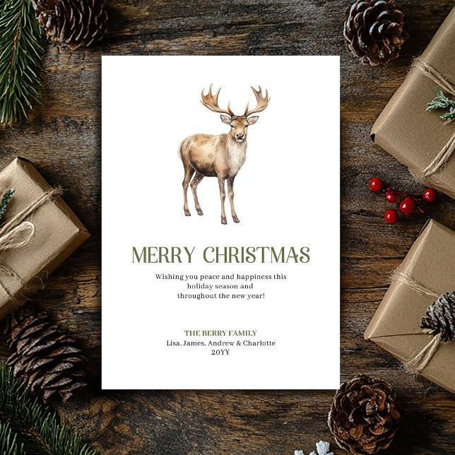 Modern Christmas Deer Sage Ivory Elegant Script Holiday Card (Modern Christmas Ornament Sage Ivory Elegant Script Card)