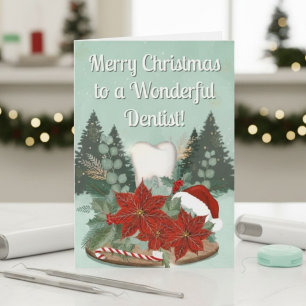 Modern Christmas Dentist with Tooth & Poinsettias Card