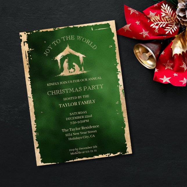 Modern Christmas Dinner Party Religious Nativity Holiday Card (gold nativity mery and joseph scene, green background
)