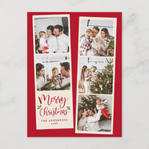 Modern Christmas Elegant 5 Photo Collage Holiday Postcard