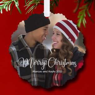 Modern Christmas Elegant White Script Photo Gift Ornament Card