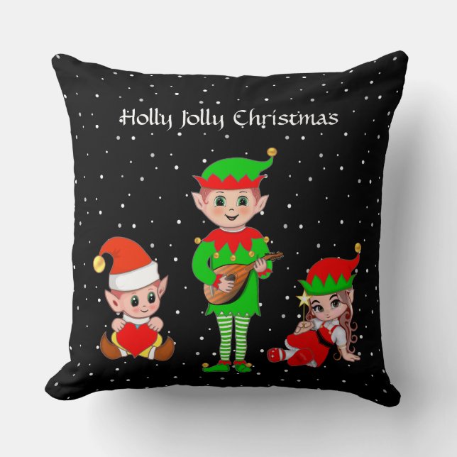Modern Christmas Elf Squad on Black Throw Pillow (Front)