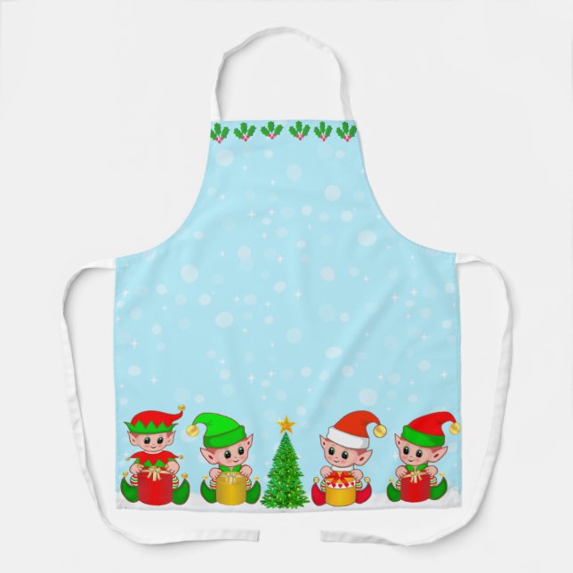 Modern Christmas Elf Squad on Light Blue Apron (Front)
