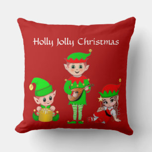 Modern Christmas Elf Squad on Red Throw Pillow