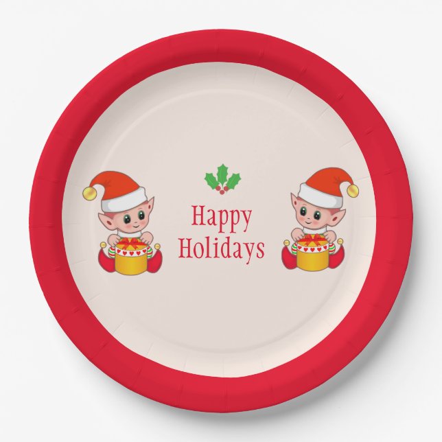 Modern Christmas elves on red and ivory Paper Plates (Front)