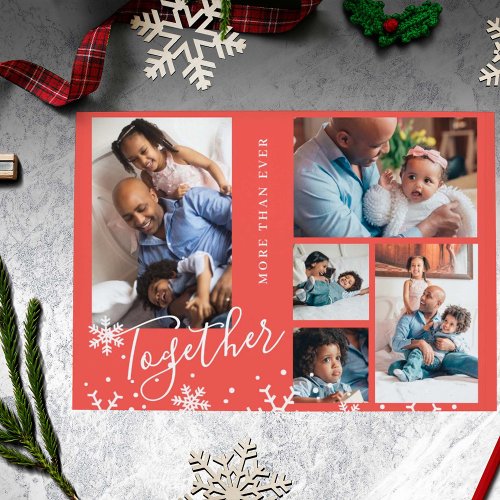Modern Christmas family 5 photo collage greetings Holiday Postcard