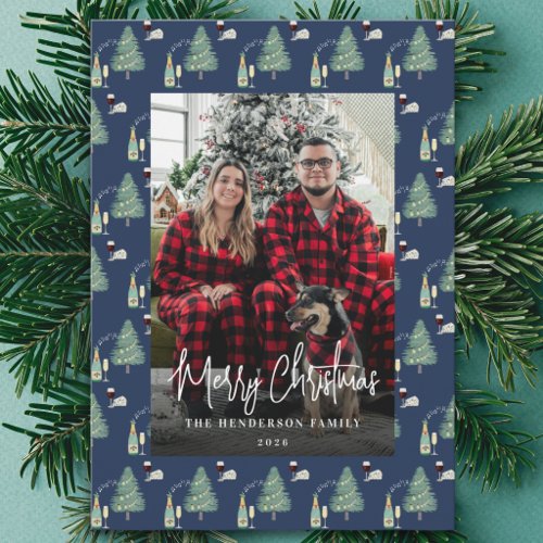 Modern Christmas Family Photo Boho Tree Wine Music Holiday Card