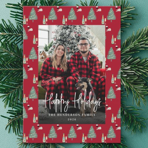 Modern Christmas Family Photo Tree Lights Wine Holiday Card